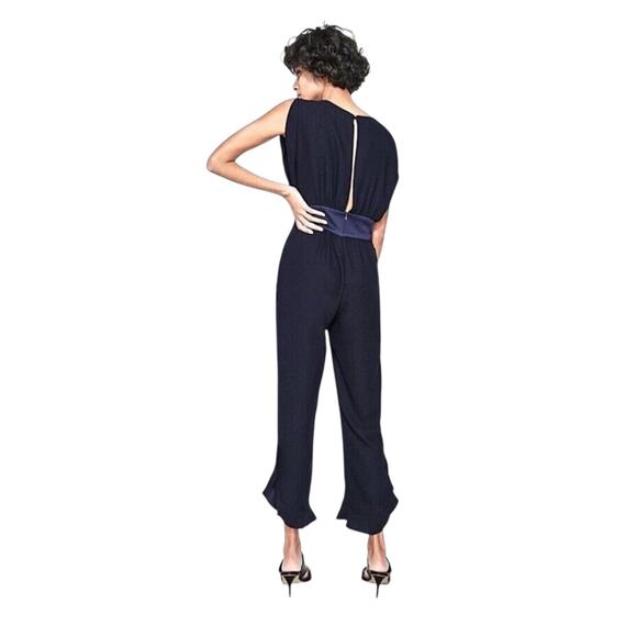 ZARA Jumpsuit SZ S Navy Blue Sleeveless Frilled Leg Sash Waist Ankle Length - Picture 5 of 14